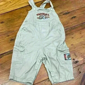 Vintage baby khaki overalls with football patches 7 to 9 months 100% cotton